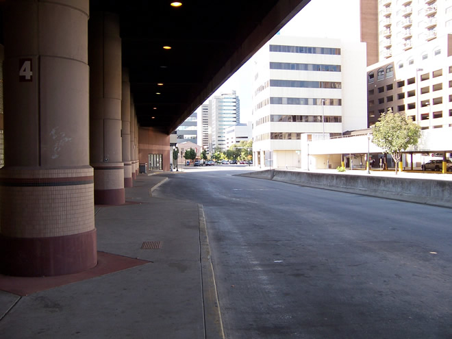 The transit center and the city sit in contrast