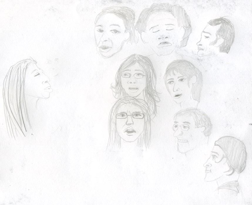 drawings of heads, workshop participants